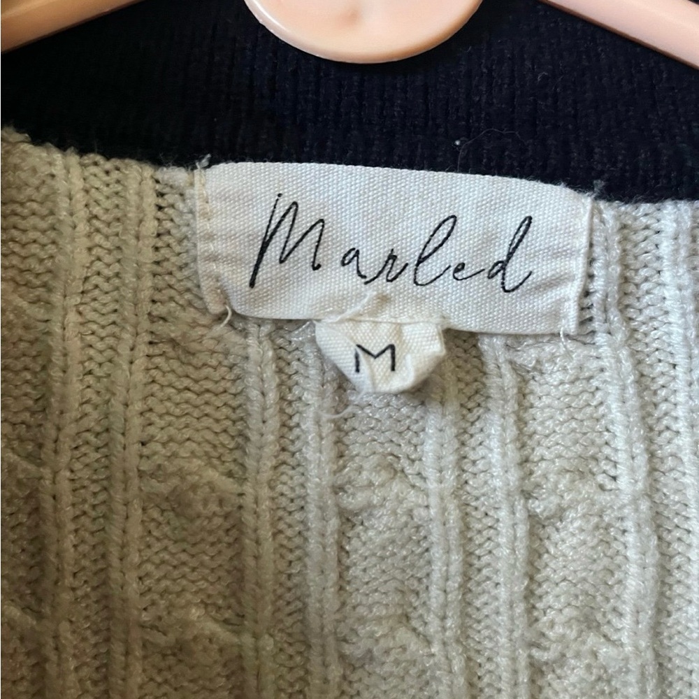 Marled Cozy Cable-Knit Sweater Cream/Tan & Black Collared Contrast Size M Preppy - Picture 6 of 7